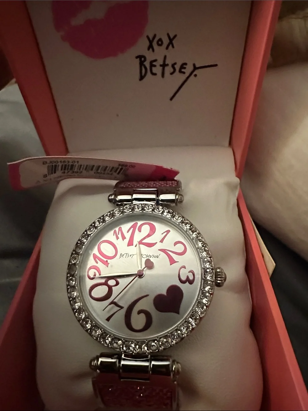 Betsey Johnson Silver-Tone Bangle Watch with Pink shimmer accents